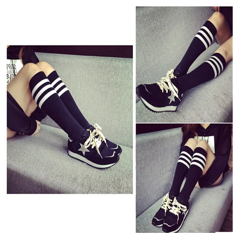 Winwinfly Haut en Dentelle pour Femmes sur Le Genou /à Rayures Chaussettes Bas Bas au Genou Bas en Coton Doux