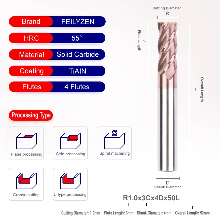 FEILYZEN HRC55 твердосплавное покрытие TiAIN плоский концевой фрезы 4 флейты Вольфрамовая сталь фрезерный станок с ЧПУ фрезы