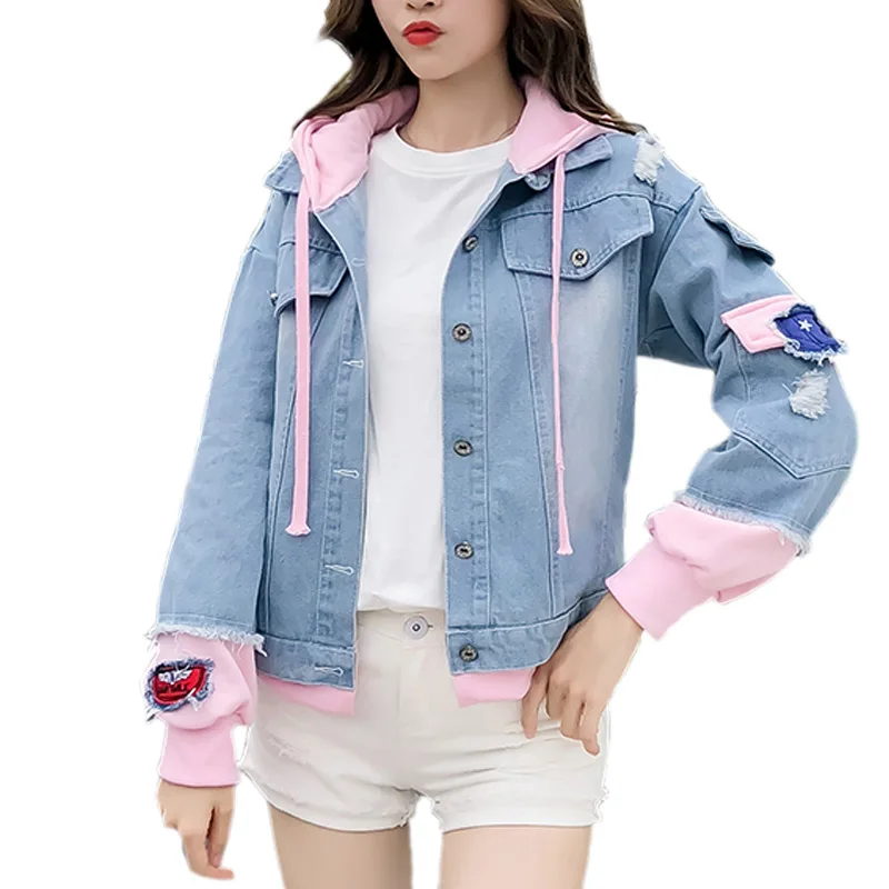 Корейская Kpop ретро куртка-бомбер с потертостями и заплатками, женские джинсовые куртки, розовые Синие рваные потертые джинсовое пальто женское - Цвет: Pink