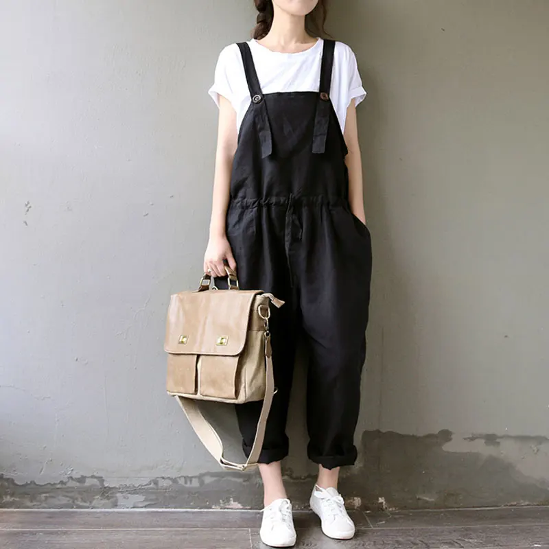 

2018 Spring and Summer New Loose Casual Literary Cotton and Linen Bib pants Large size was Thin Black trousers Size M-XXL XXXL
