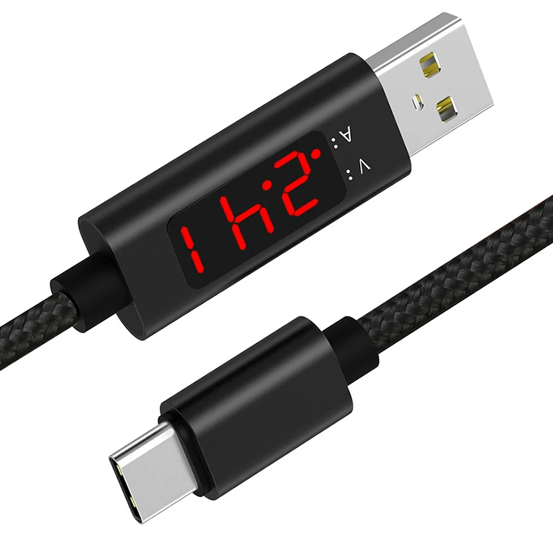 Vogek 3A светодиодный цифровой usb type C Micro USB кабель для xiaomi huawei Быстрая зарядка USB C кабель нейлоновый кабель для мобильного телефона - Цвет: Black Type-c