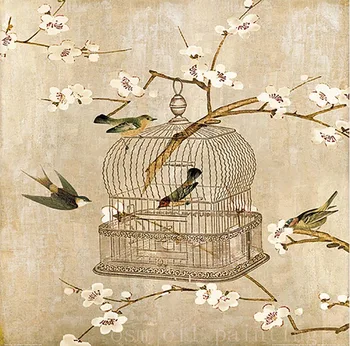 

Handmade thick knife high quality Modern Abstract Fine Artwork Animal Birds in the Birdcage Bedroom artwork Wall Oil Painting