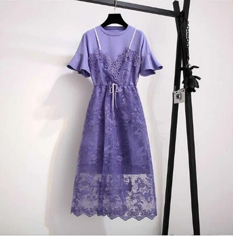 

Women 's Summer New Two-piece plus size Dresses Set 2019 Fashion Mesh Lace embroidery vest Dress+Long T-shirt 2-piece Set Suit