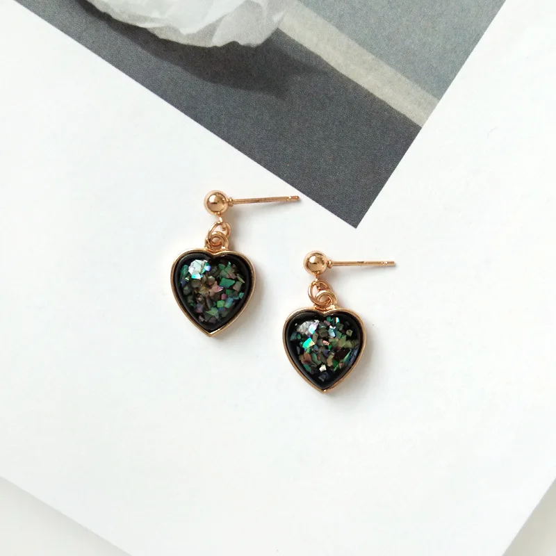 dark green stud Корейский стиль, Винтажные серьги в форме сердца, зеленые блестящие серьги в виде порошка, серьги в форме сердца без пирсинга для женщин и девушек - Окраска металла: dark green stud