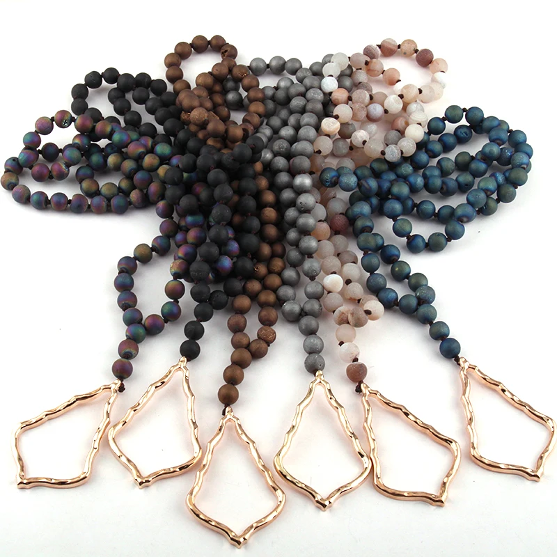 

Free Shipping Fashion Natural Druzy Bead Knotted Metal Drop Pendant Necklaces
