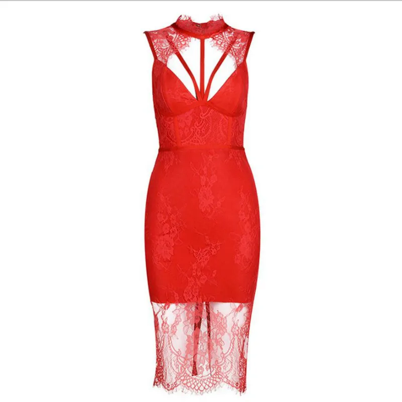 ERANLEE модное весеннее женское Бандажное платье для вечеринок платья сексуальное без рукавов открытое бак для колена кружевное платье Vestidos - Цвет: Red