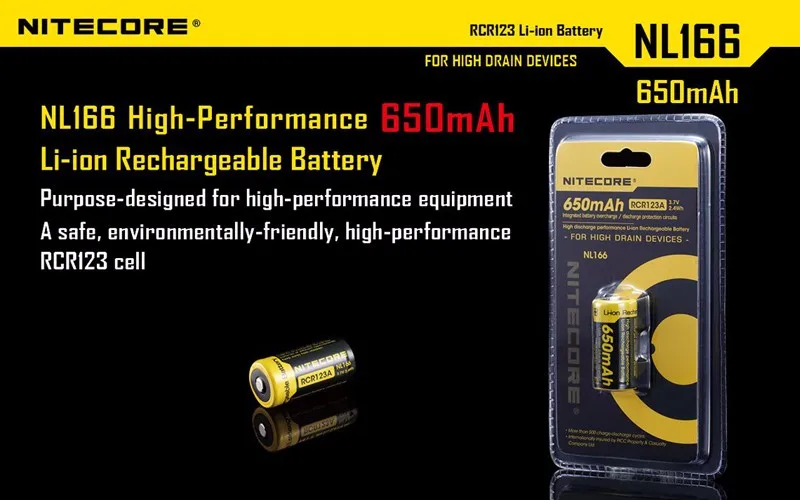 2 шт. Nitecore NL166 RCR123A литий-ионный аккумулятор с 650mAh 3,7 V WH