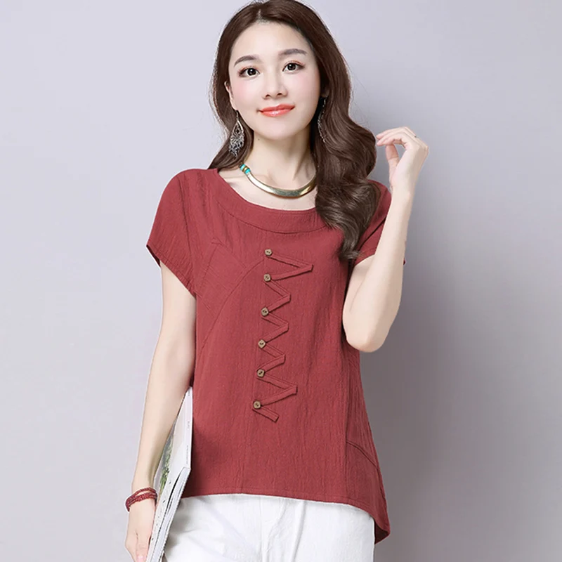 

Plus Size Women T Shirt 2017 Summer Loose Cotton Linen Tops Button Patchwork T-Shirt Woman O-Neck Short Sleeves Womens T-Shirts