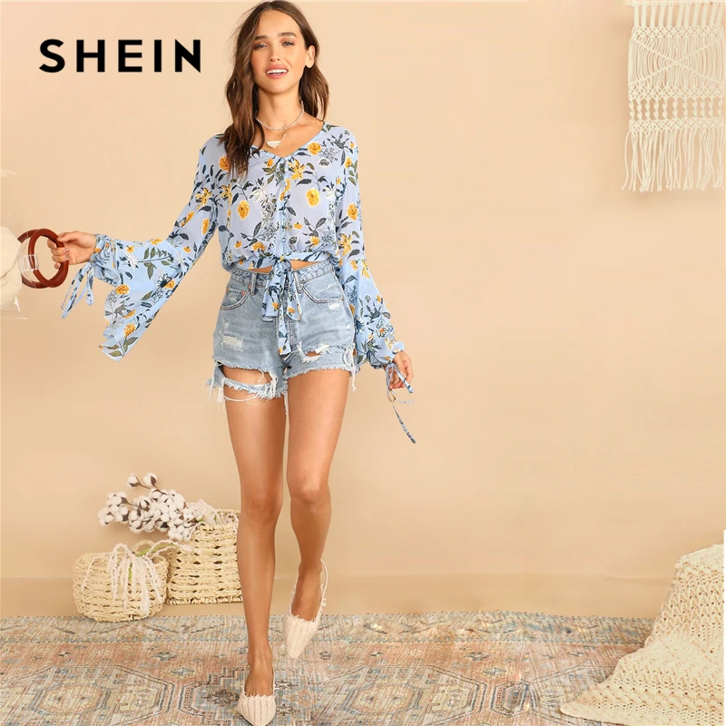 Женская блузка с длинным рукавом SHEIN синяя и бантом спереди 2019|Блузки| |