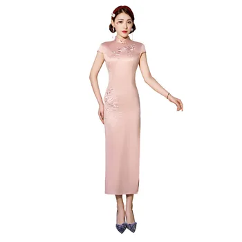 

Shanghai Story Short Sleeve Long Cheongsam Lace Embroidery Qipao chinese traditional dress Oriental Style Dress for Woman