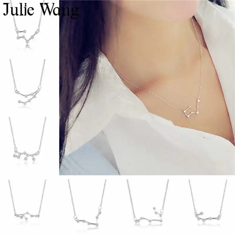 Julie Wang, циркониевое серебро, 12 созвездий, зодиакальные ожерелья для женщин, девушка, чокер, колье, ожерелья, длинная цепочка, модное ювелирное изделие