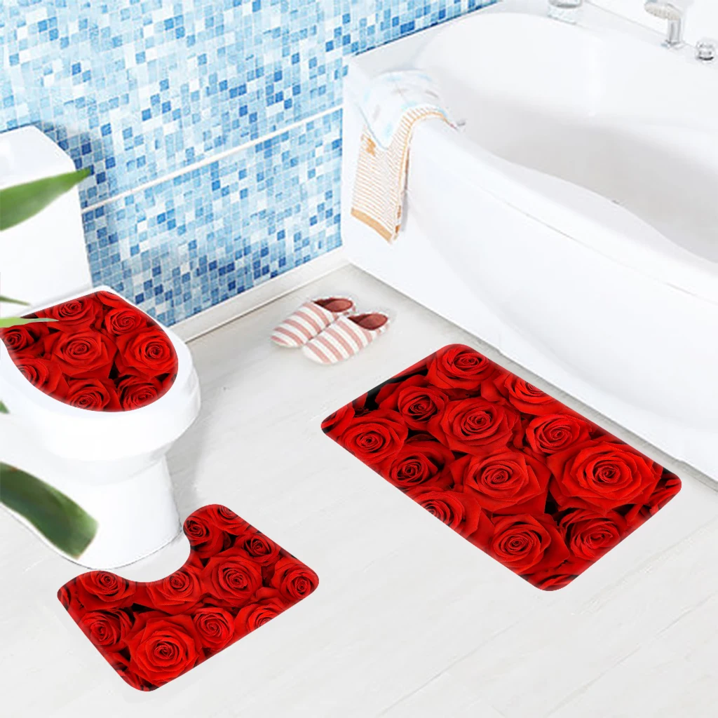 3 шт. набор ковриков для ванной комнаты с красными розами|shower mat|bath matmats set |