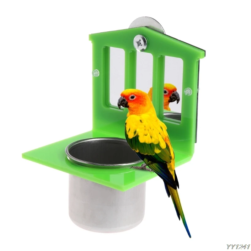 Bird Parrot Stainless Steel Cup Food Bowl Mirror Fixable Cage Toy