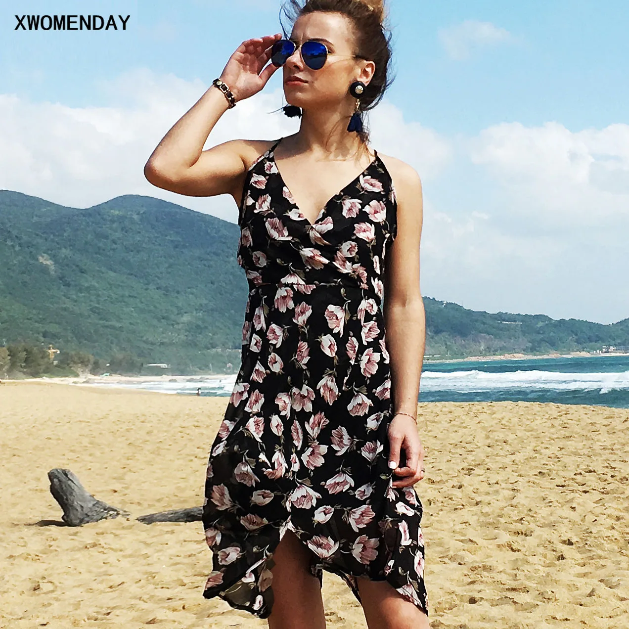 

Asymmetrical Polyester Backless Sexy Suit New Dress 2019 Summer Women Straps V Neck Print Sleeveless Mini Casual Beach Dress