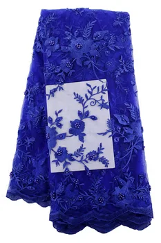 

best quality Nigerian fabric for party dress new African embroidered lace fabric royal blue