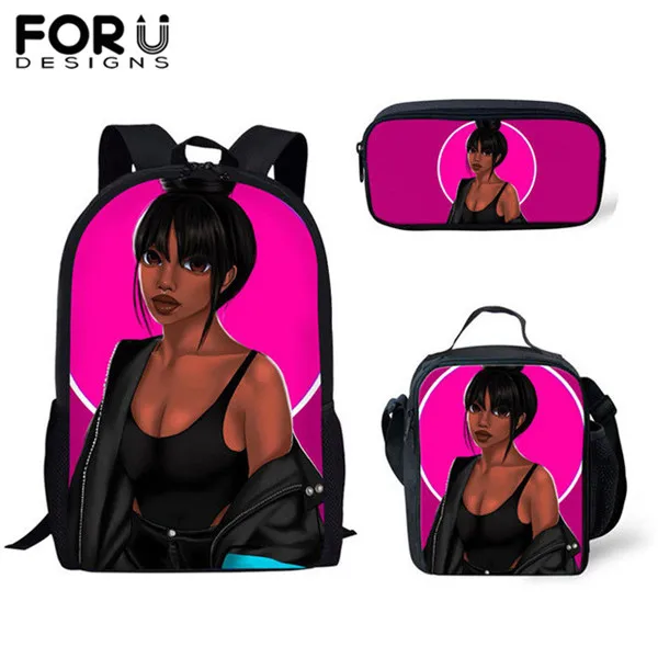 FORUDESIGNS 3 шт./компл. школьные сумки для девочек детский рюкзак с изображением мультипликационных персонажей для детей черного цвета в африканском стиле американская девушка с художественным принтом ранцы Mujer - Color: YQ3577CGK