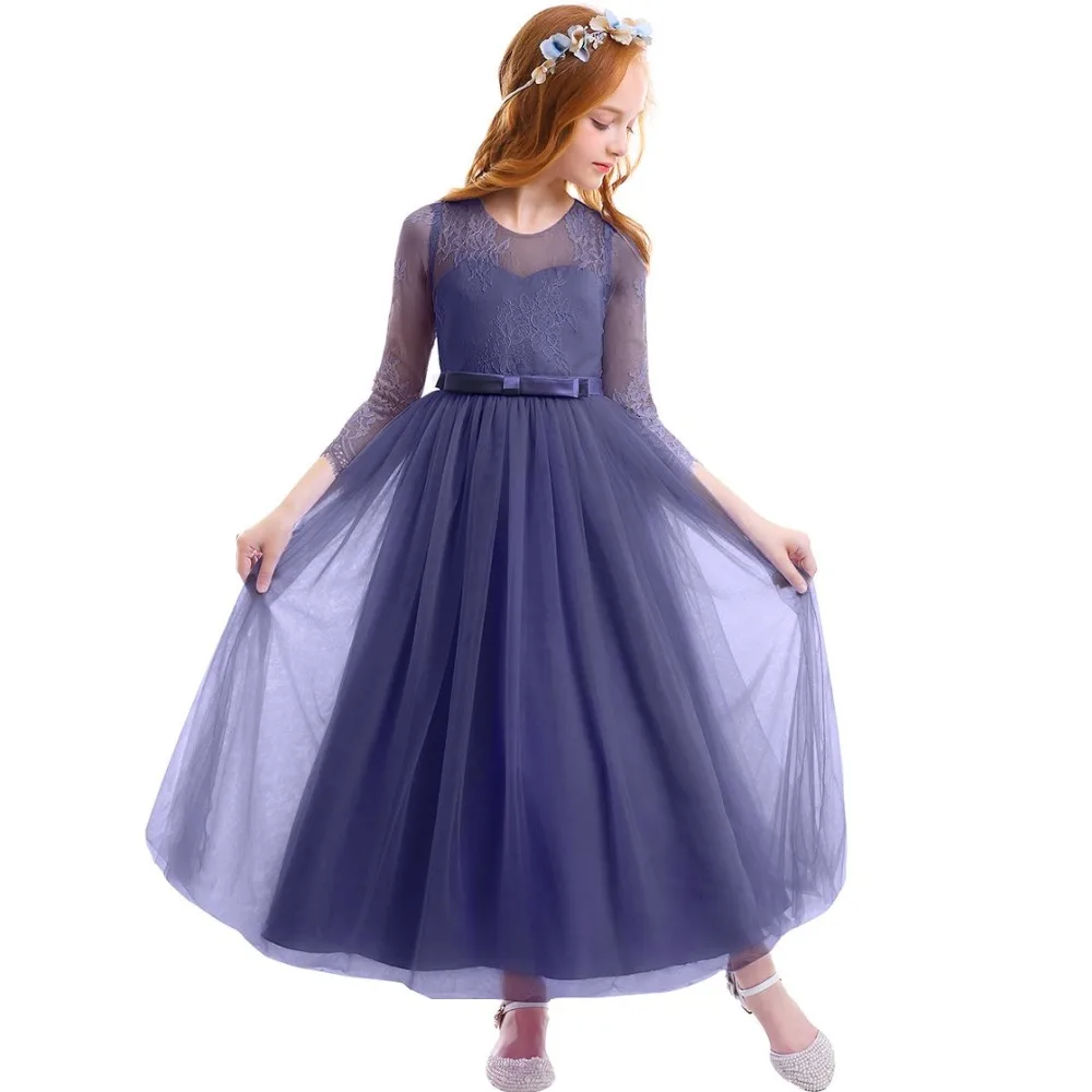 

Elegant Kids Dresses for Girls Long Sleeve Navy Blue Tulle Lace Long Dress Girls Party Dress for Wedding Birthday Princess Dress