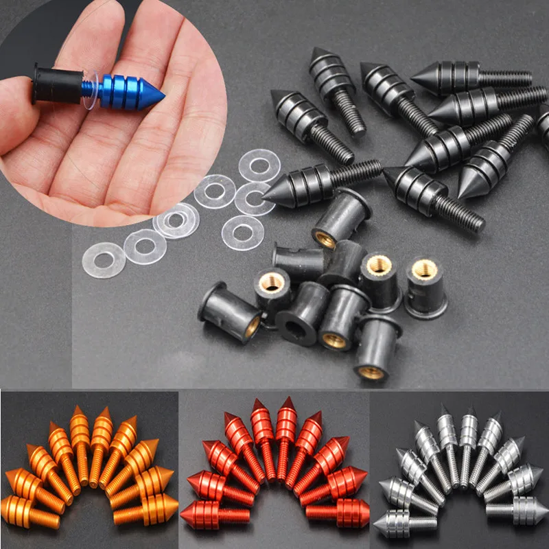 

ZXMT 10pcs 5mm Motorcycle Windshield Windscreen Spike Bolt Kit Well Nuts Bolts Washer Red Black Gold Blue Silvery