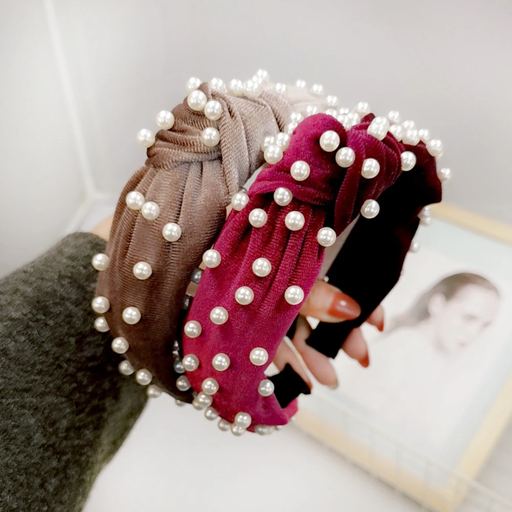 

Bohemian Hairbands Solid Color Soft Velvet Top Knotted Wide Headband with Pearl Hair Hoop Elegant Fashion Headwear Hairbands