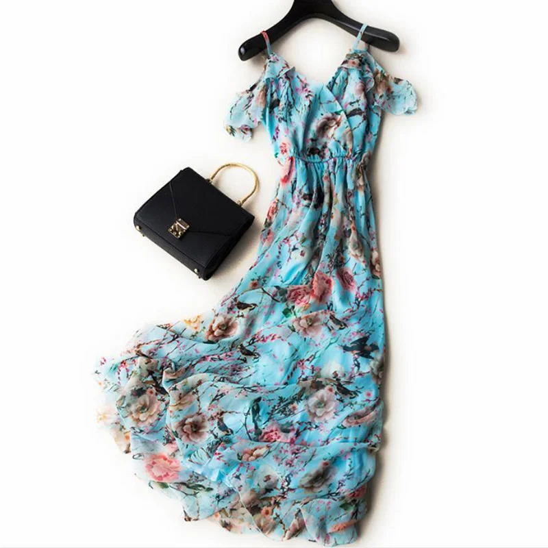 

New 2019 Elegant Summer Dress Women High Quality Printed Beach dress Light Blue Long Spaghetti Strap V-Neck Free Shipping