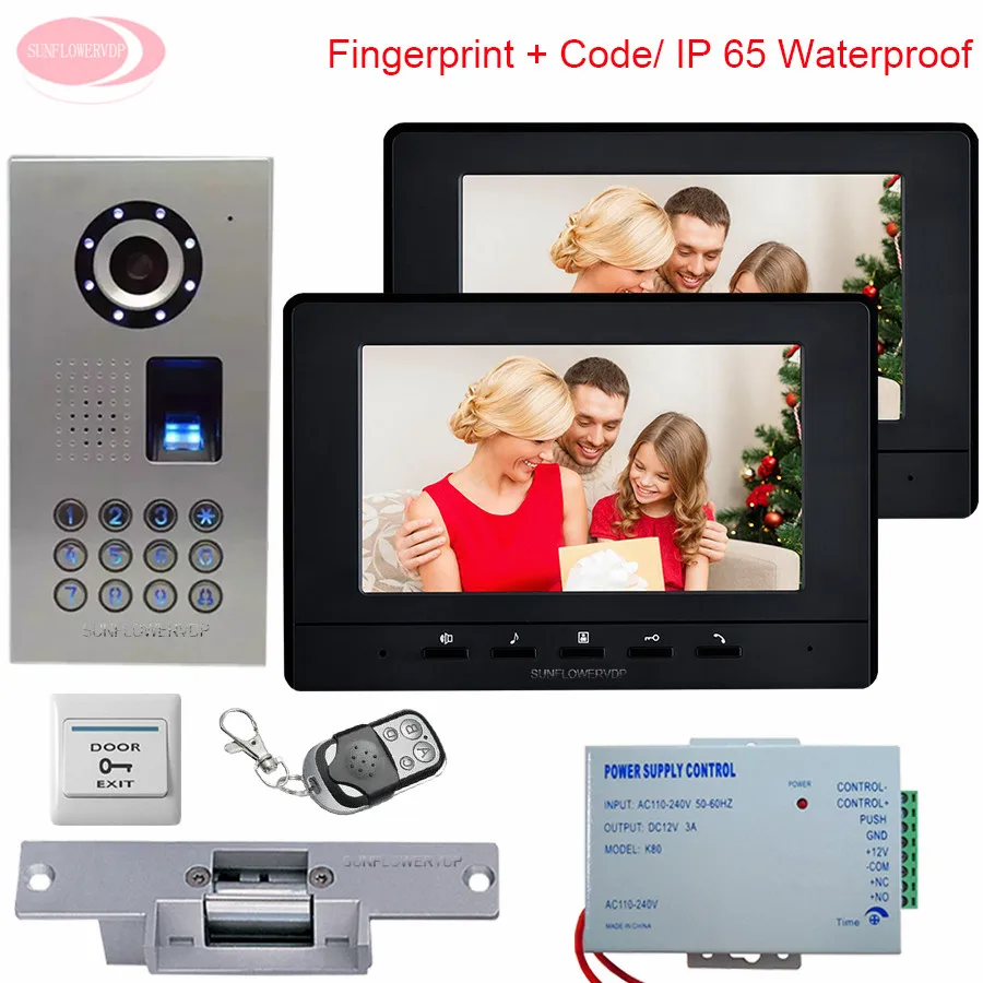 

7" Video Door Phone Intercom Doorbell Home Security 1 Camera 2 Monitors IP65 Waterproof Fingerprint System Unit + Electric Lock