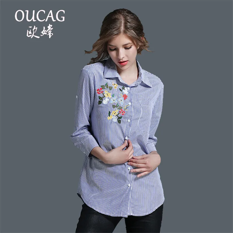 OUCAG Fashion Striped Floral Embroidery font b Blouse b font font b Women b font Long