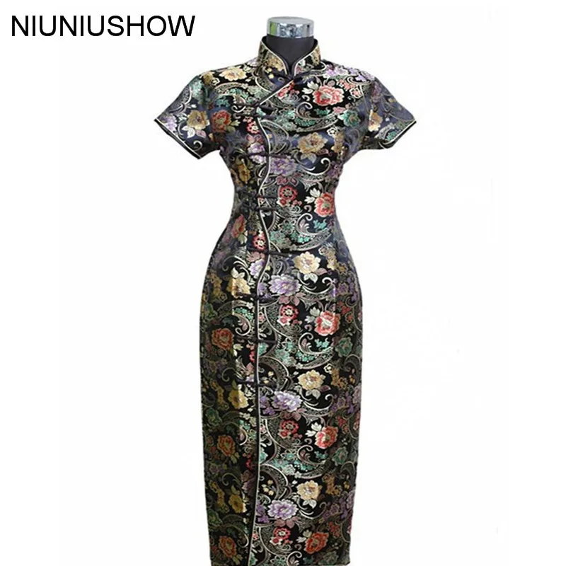 

Black New Traditional Chinese Dress Women's Satin Long Cheongsam Qipao Clothings Flower S M L XL XXL XXXL J0024