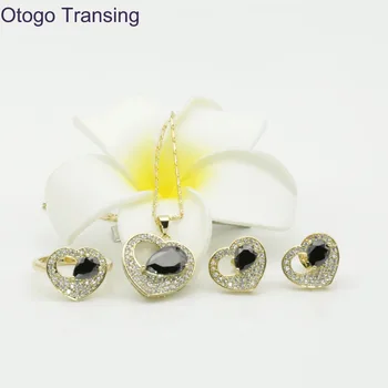 

Otogo Transing 925 Sterling Gold Color Black Crystal AAA Heart Ring Pendant Necklace Earrings Jewelry Sets For Women made S210