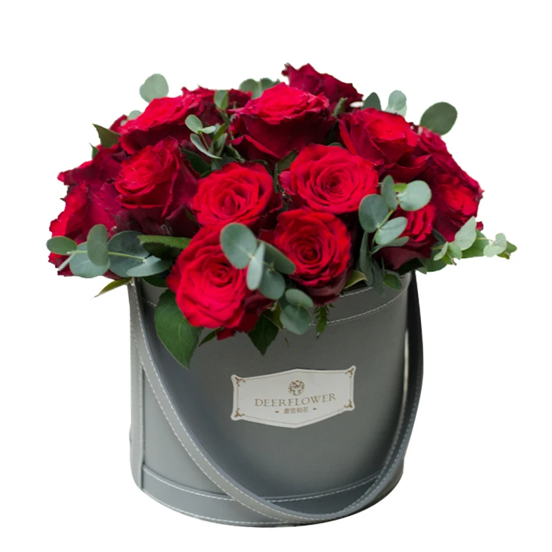 

New Arrival Luxury Round Flower Box Florist Supplies Leather Flower Gift Box with Handle