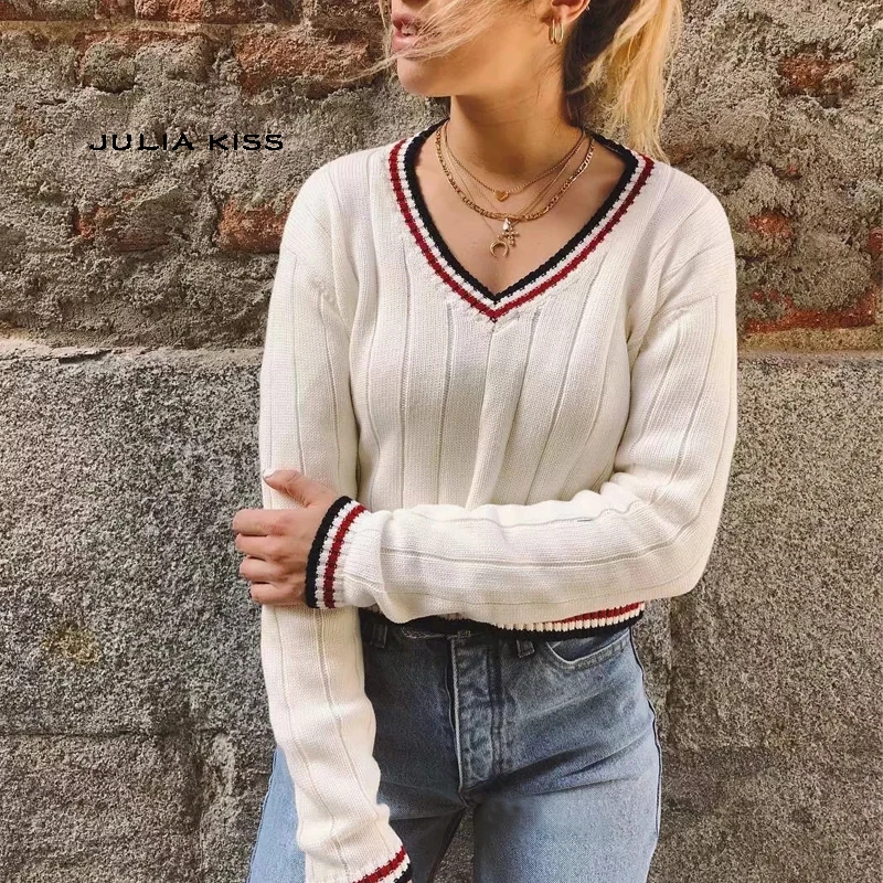 

Women Thick Knit Cotton V-neck Sweater In Creme With Blue and Red Stripe Trimmings