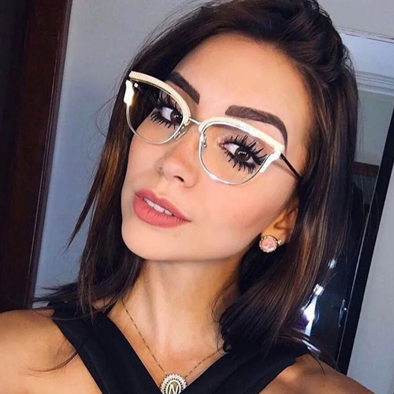 

Ladies Sexy Cat Eye Glasses Frames For Women Brand Designer Rivet Half Frame Clear Glasses Optical EyeGlasses Fashion Eyewear