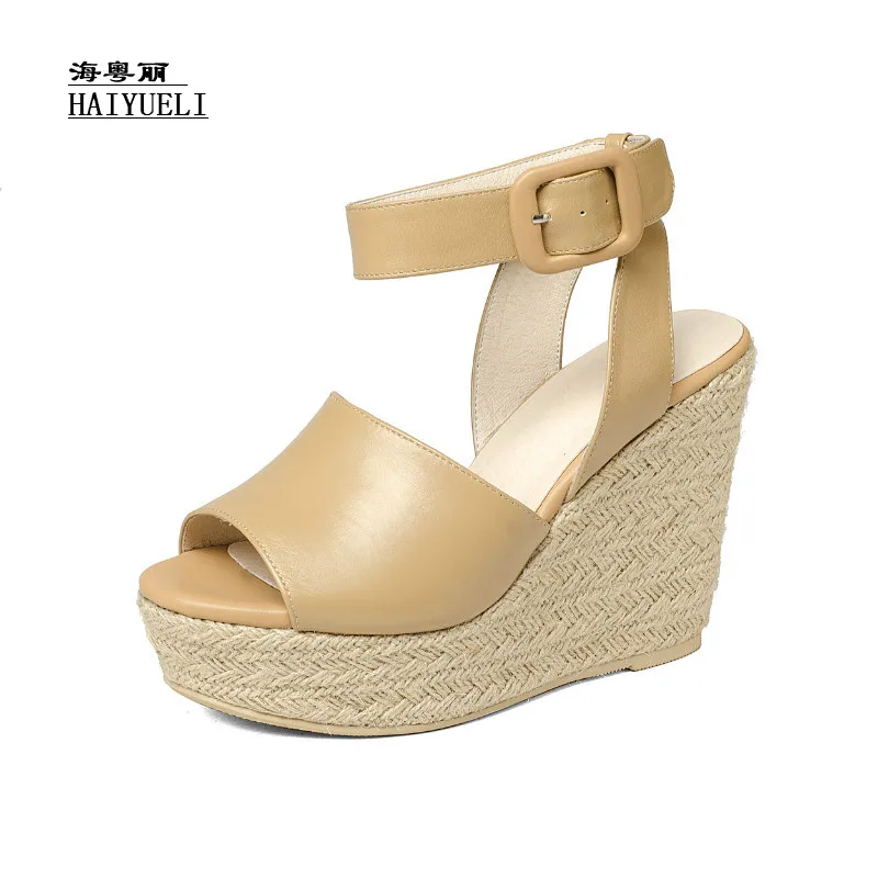 

Top Product Women Shoes Genuine Leather Pure Handmade Wedge Sandals Fish Head High Heels Women Comfortable Casual Shoes