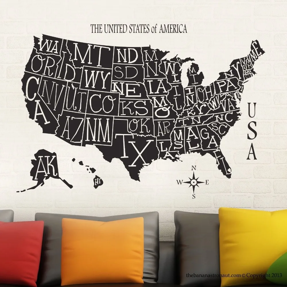USA-Map-Sticker-Decal-Muurstickers-Posters-Vinyl-Wall-Decals-Pegatina-Quadro-Parede-Decor-Mural-USA-Map