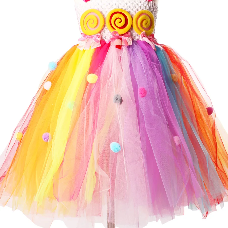 Girls Rainbow Fairy Tutu Dress Sweet Kids Candy Lollipop Dress Children Pom pom Dress for Birthday Outfit Lollipop Gown (6)