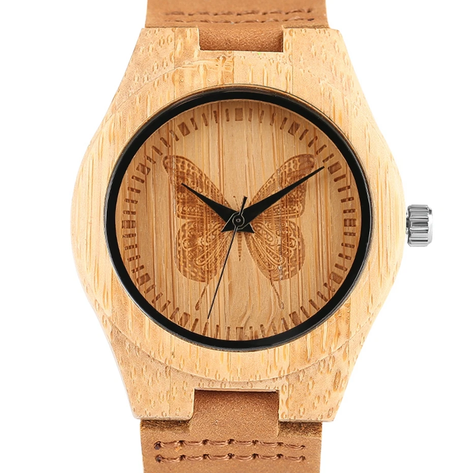 Top Gifts Minimalist Light Bamboo Wood Women Watches 100% Handmade Carved Butterfly Dial Dress Watch Soft Casual Leather Ulzzang 2018 (4)