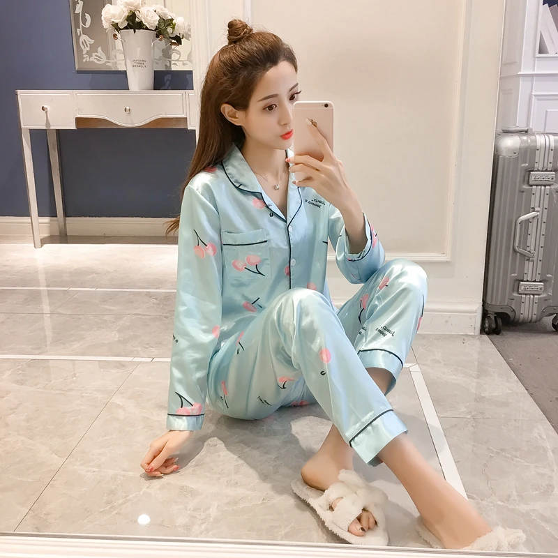 

Ladies Sleepwear Set WAVMIT Autumn Winter Women Silk Pajamas Sexy Ladies Fashion Home Set Girl Nightgown Silky Soft Homewear