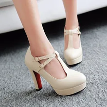 Plus size 34 43 T Strap Women Pumps 2017 Brand Thick Heel High Heels Platform Shoes
