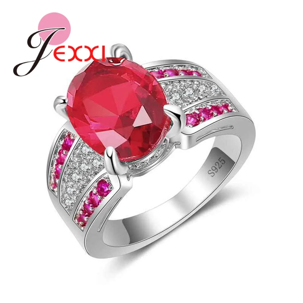 Модные большие красные CZ с красными и белыми Австрийскими кристаллами кольца на палец 925 пробы серебро для женщин девочек свадебные ювелирные изделия