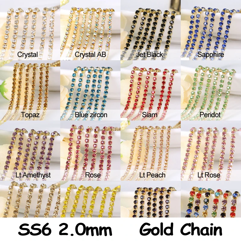 

Hotsale,20 Colors Rhinestones chain SS6 2.0mm Cyrstal chain trim Gold base 3yards/lot for Garment free shipping