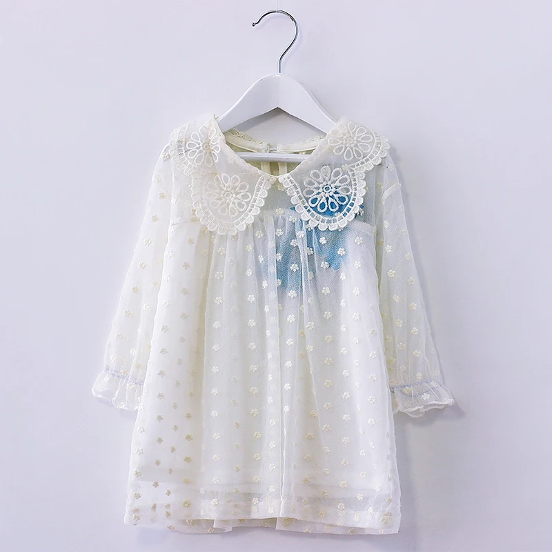 Новая летняя детская одежда в Корейском стиле детская футболка с кружевными рукавами хлопковая Тонкая Блузка хорошего качества в горошек для девочек белая рубашка