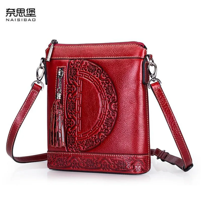 

NAiSIBAO 2019 New top Cowhide women genuine Leather bag Embossed fashion luxury handbags designer women leather shoulder bag