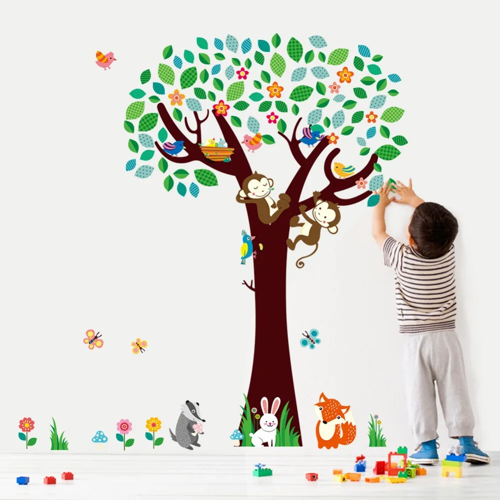 Decorativo bambini camere nursery bedroom decor scimmie uccelli animali volpe albero wall stickers casa della decal ania manifesto murale carta da parati
