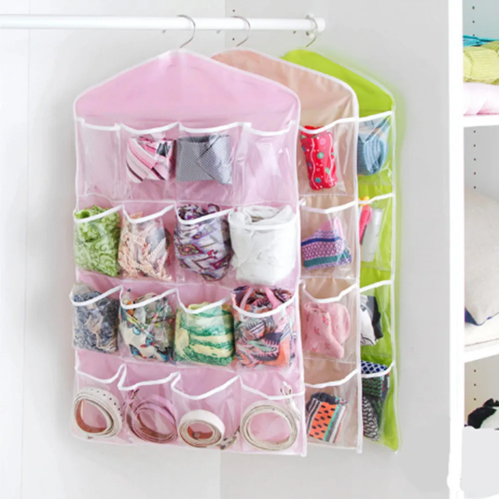 16Pockets Clear Hanging Bag Socks Bra Underwear Rack Hanger Storage
