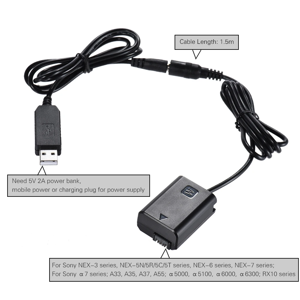 Andoer NP-FW50 манекен Батарея+ DC Мощность Банк зарядное устройство(5V 2A) USB Кабель-адаптер замена для AC-PW20 для sony NEX-3/5/6/7 серии и т. д