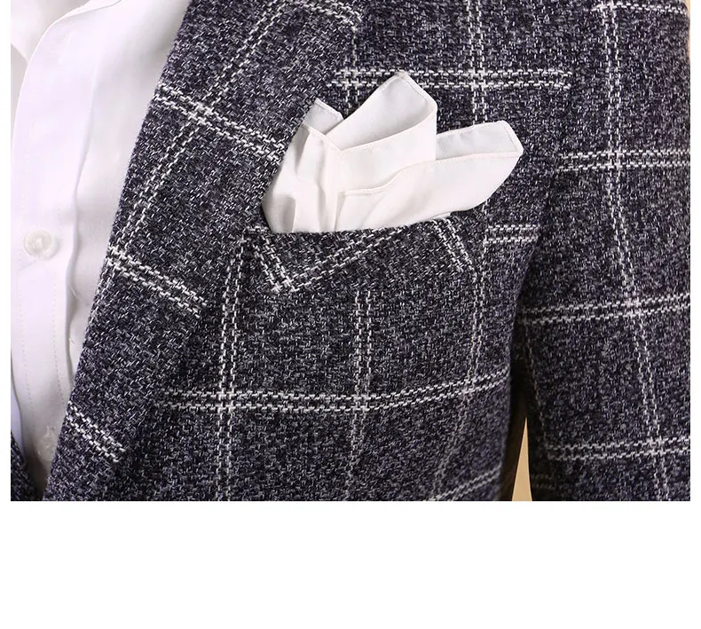 Для мужчин Сгущает серый формальный пиджак в клетку осень-зима теплые модные Блейзер Однобортный воротник Повседневное Свадебные Костюмы для жениха