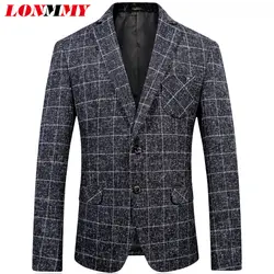 Lonmmy 46-54 шерстяной плед мужчин Blazer Дизайн Slim Fit Повседневное Мода Два однобортный мужской пиджак осень 2017 г. Весна