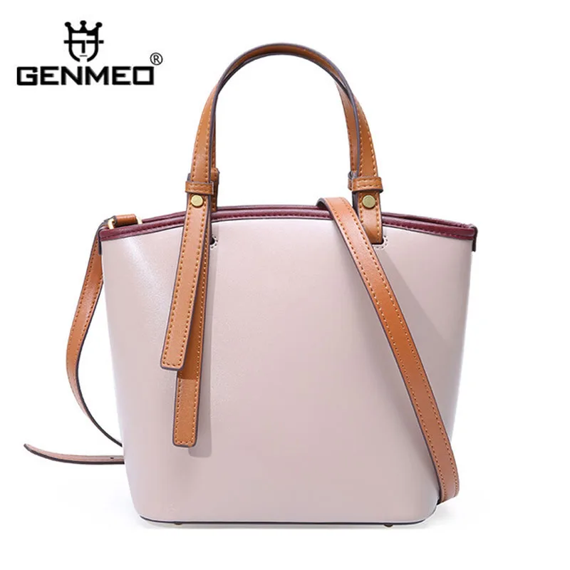 

GENMEO New Arrival Genuine Leather Fashion Bucket Handbag Women Cow Leather Shoulder Bag Female Cowhide Tote Bags Feminina Bolsa