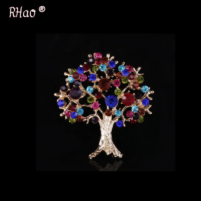 RHao, женские цветные хрустальные броши в виде дерева, Рождественская елка, ювелирные изделия, подарки, дерево жизни, растительная брошь, корсаж, брошь для одежды - Окраска металла: gold