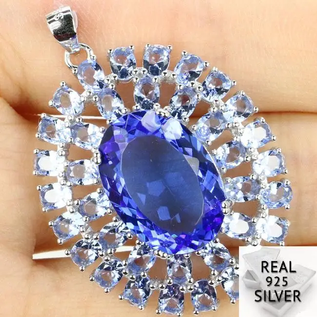 

Guaranteed Real 925 Solid Sterling Silver 6.7g Big Top Long Big Gems Rich Blue Violet Tanzanite Pendant 39x28mm