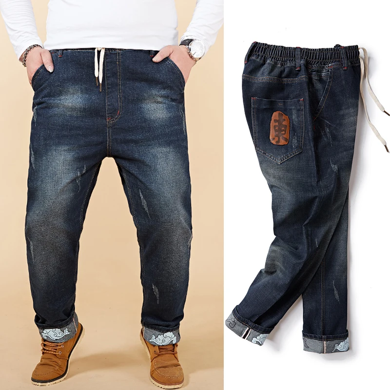 Большие размеры 6XL 7XL 8XL мужские джинсы Harlan новая модная кожаная этикетка эластичная талия повседневные брюки на завязке Мужская брендовая одежда